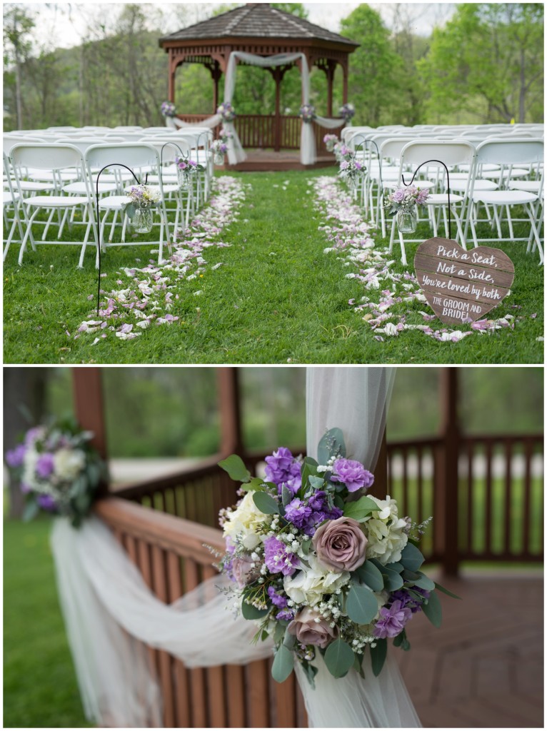 outdoor wedding, flowers on gazebo, wedding seating